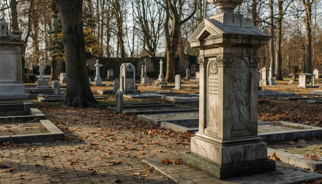Classical art memorial sculpture in a peaceful cemetery setting