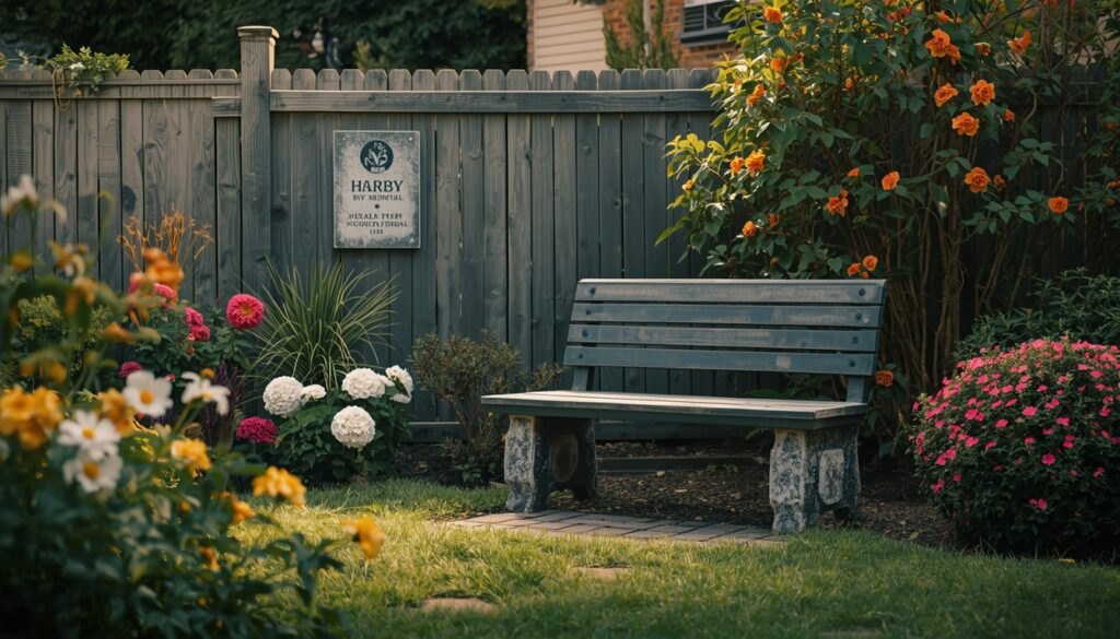 Backyard memorial garden with bench and engraved memorial stone