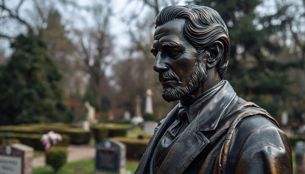 Bronze memorial statue in a cemetery garden, symbolizing remembrance and respect