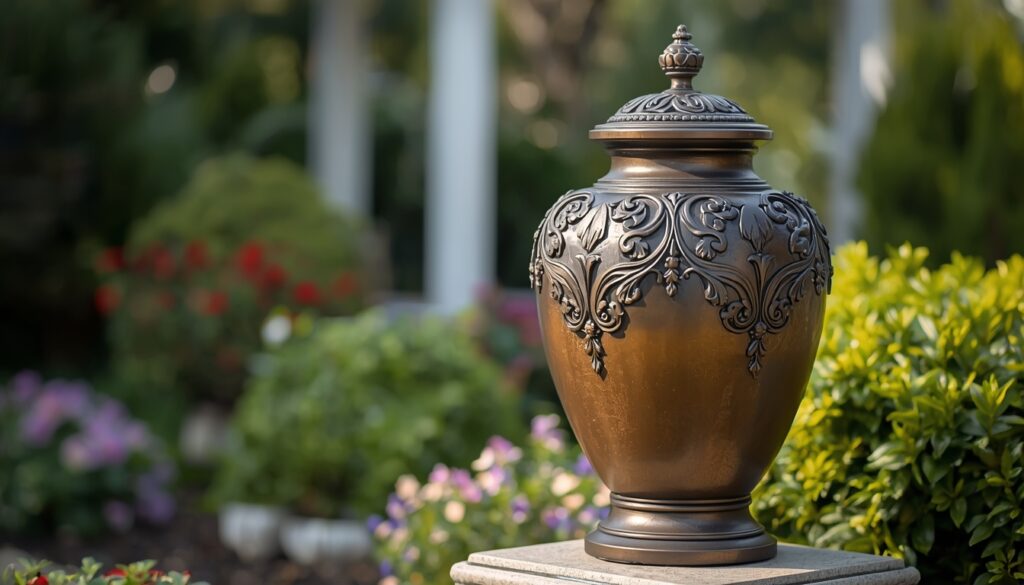 Artistic bronze urn memorial placed in a peaceful garden environment