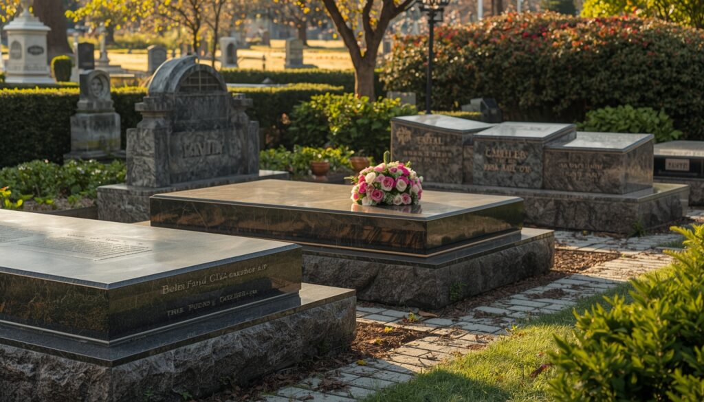 Family cemetery memorial with bronze plaques and granite markers in a tranquil garden setting