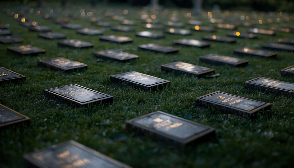 Individual bronze and granite headstones in a serene cemetery setting