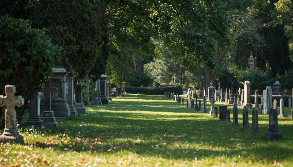 Peaceful cemetery with granite and bronze headstones surrounded by greenery