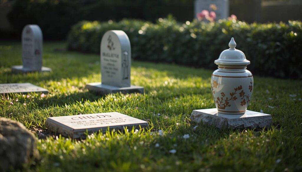 Child grave markers and a child cremation urn in a tranquil memorial garden