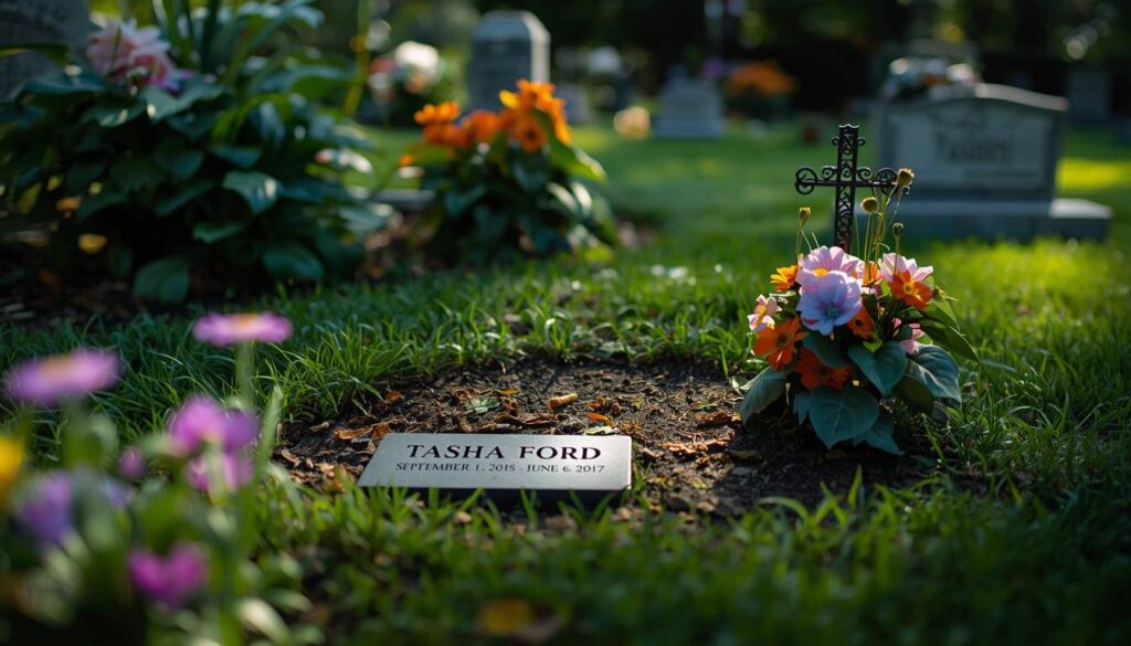 Peaceful memorial garden with small child and infant grave markers surrounded by flowers