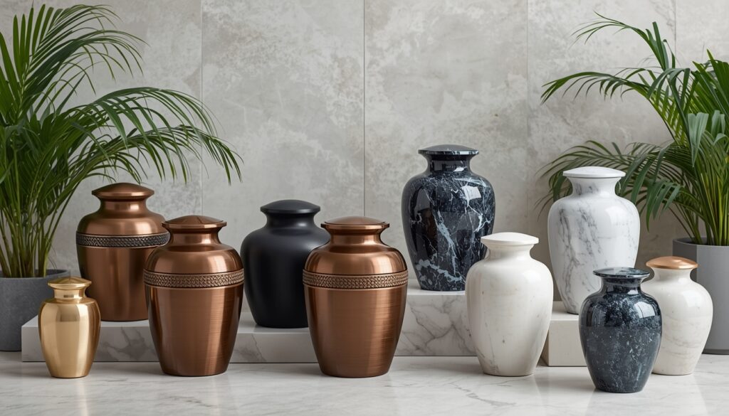 Collection of elegant cremation urns made from different materials