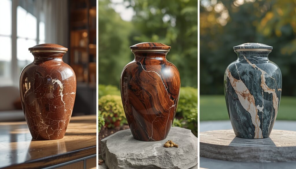 Cremation urns in various materials for burial, home display, and columbarium placement