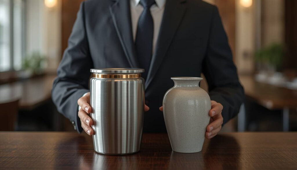 Temporary cremation container beside a standard urn