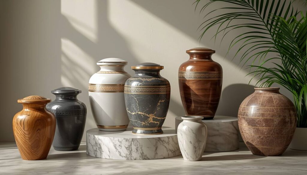 Different cremation urn materials including wood, marble, and bronze
