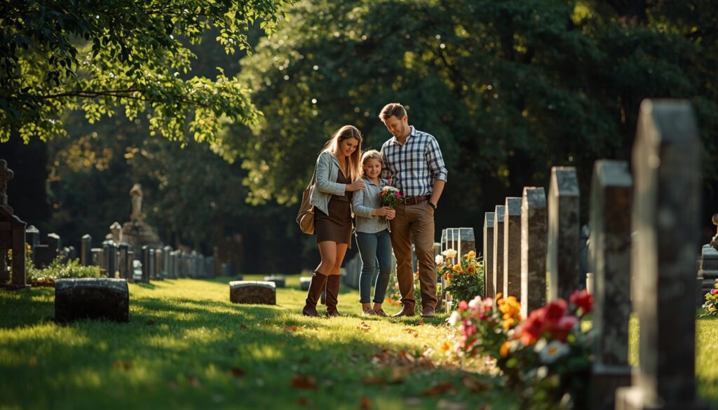 Family visiting a cemetery and viewing headstones to remember a loved one