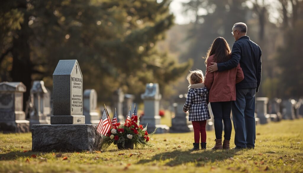 Family visiting a memorial headstone to honor and remember a loved one