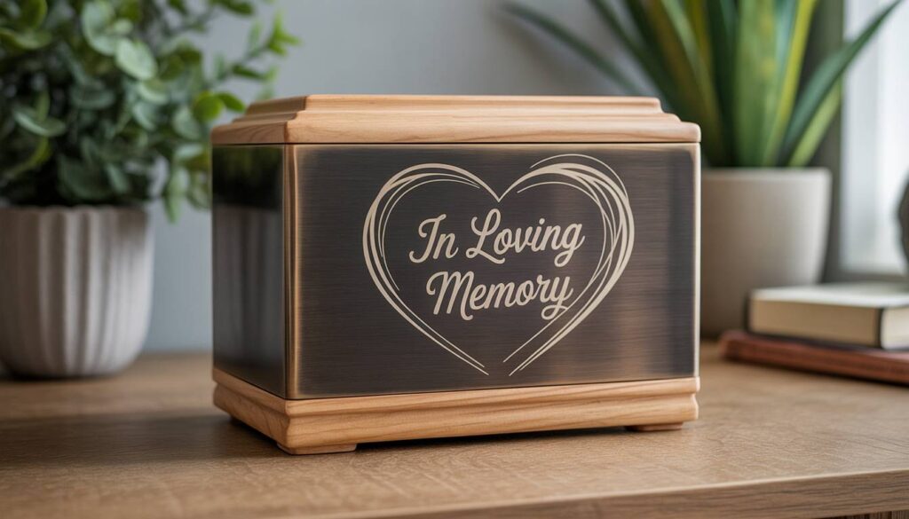 Personalized bronze and wood memorial cremation urn