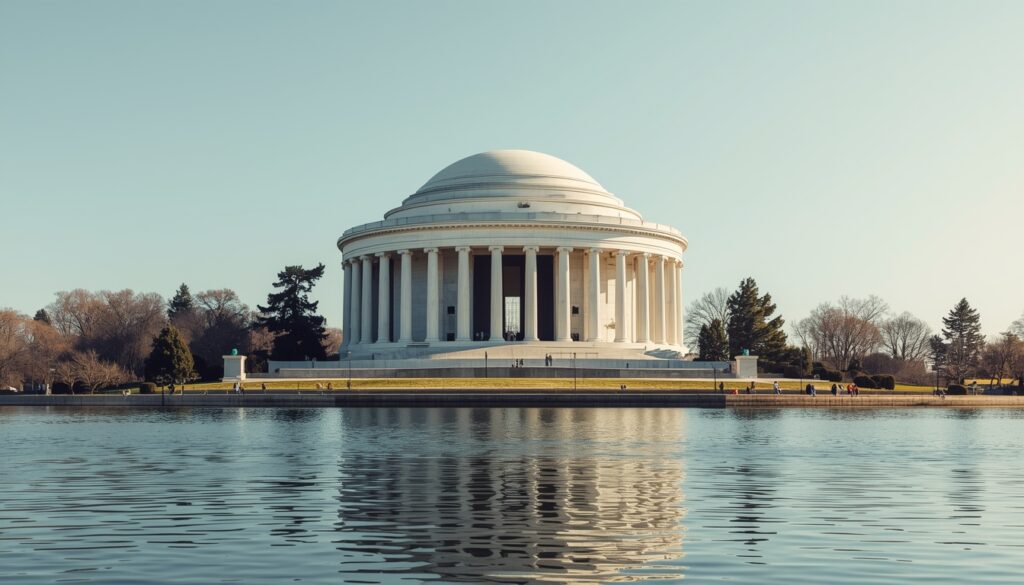 Exterior view of the Jefferson Memorial with columns and Tidal Basin