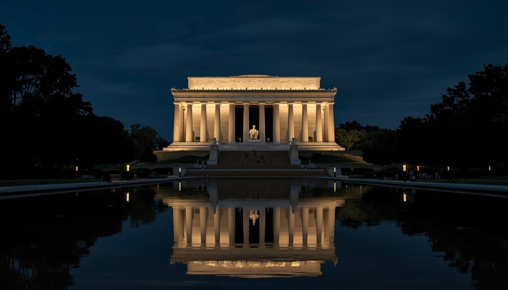 Lincoln Memorial at night with illuminated columns and reflecting pool