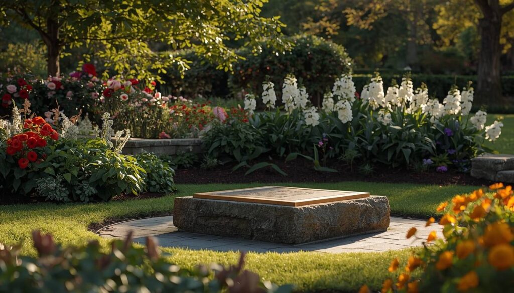 Elegant bronze headstone memorial in a serene cemetery setting