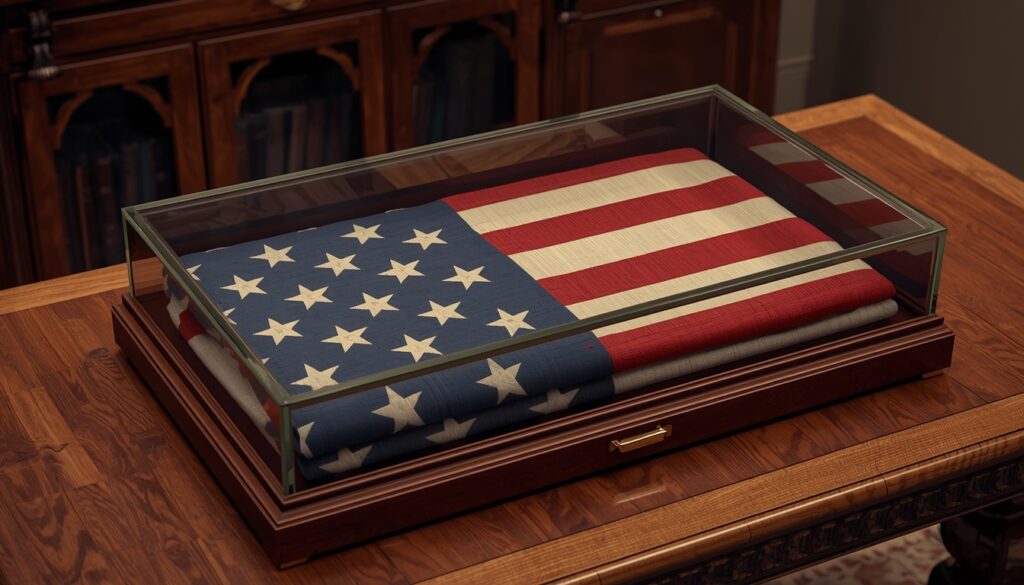 American flag encased in a polished memorial display case