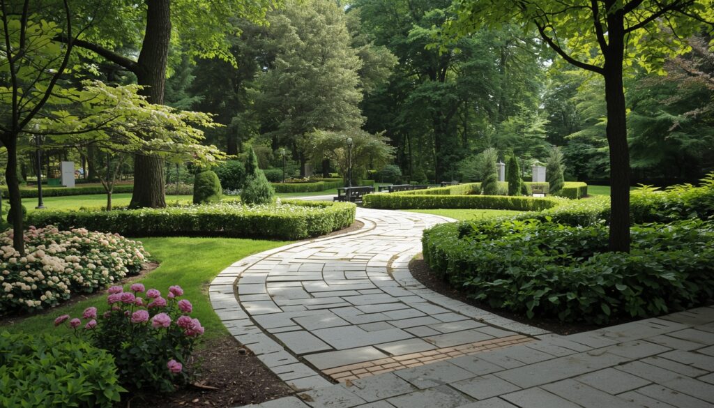 Peaceful public memorial garden with landscaped paths and greenery