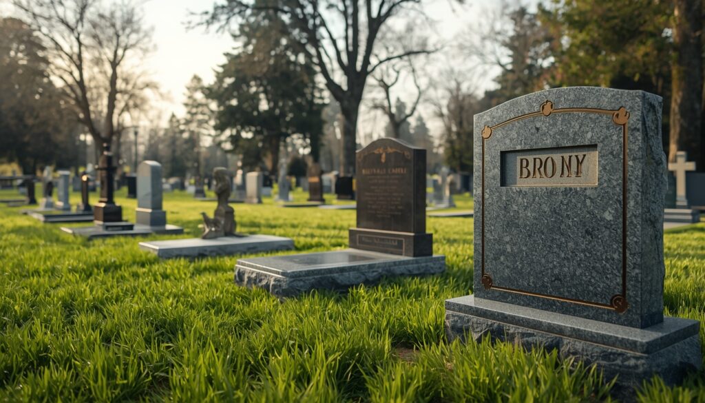 Bronze and granite memorial headstones displayed in a peaceful cemetery setting