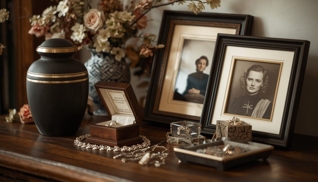 Memorial heirlooms displayed as meaningful family treasures passed down through generations