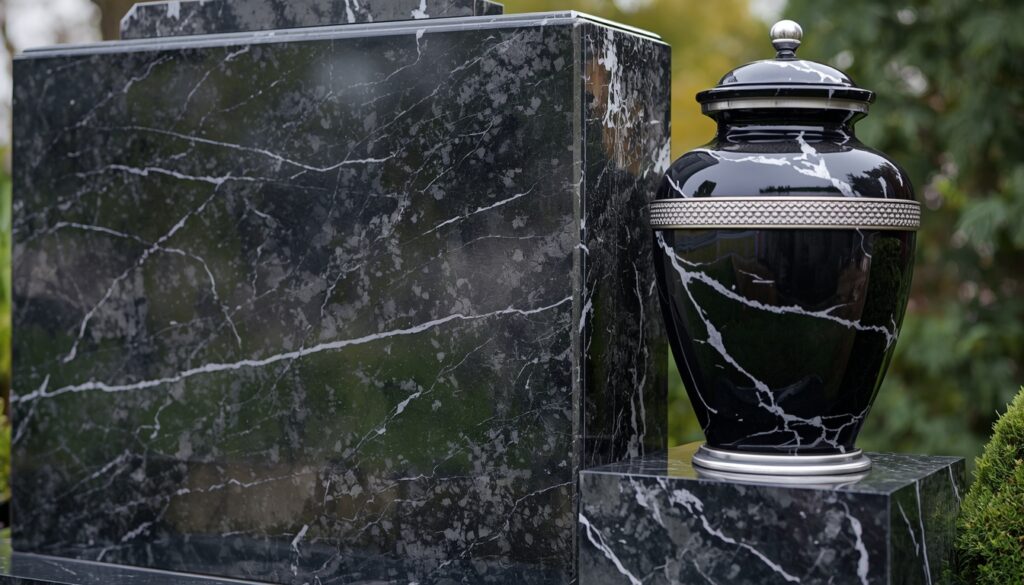 Granite headstone and cremation urn as lasting memorial products