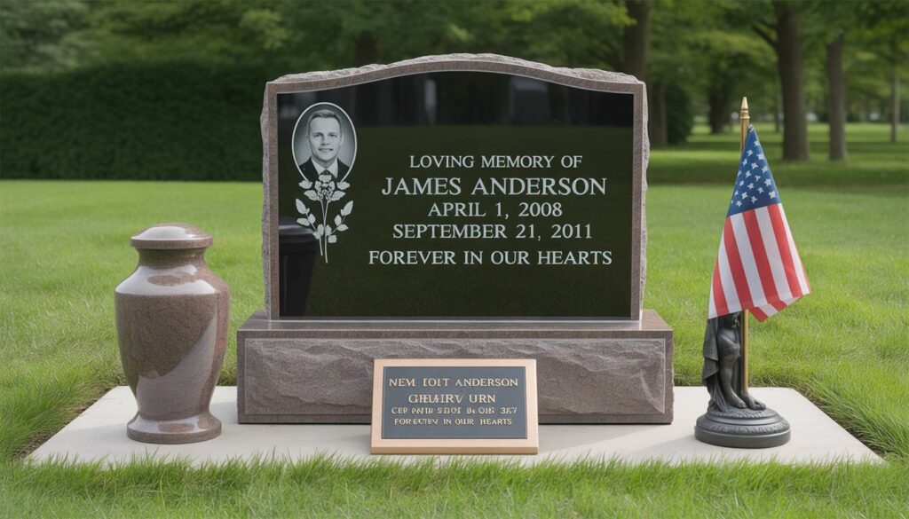 Memorial products including headstones, urns, statues, and flag cases