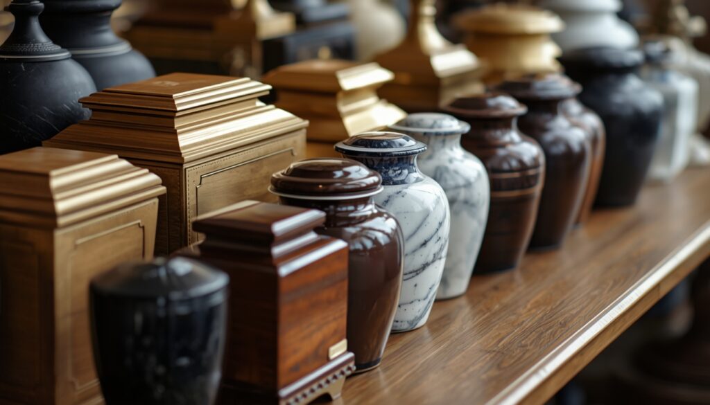 Collection of memorial cremation urns in various materials and styles
