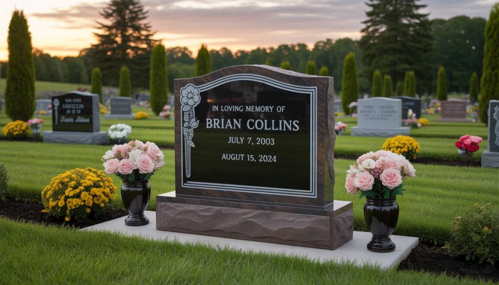 Bronze and granite headstone in a peaceful garden at sunset