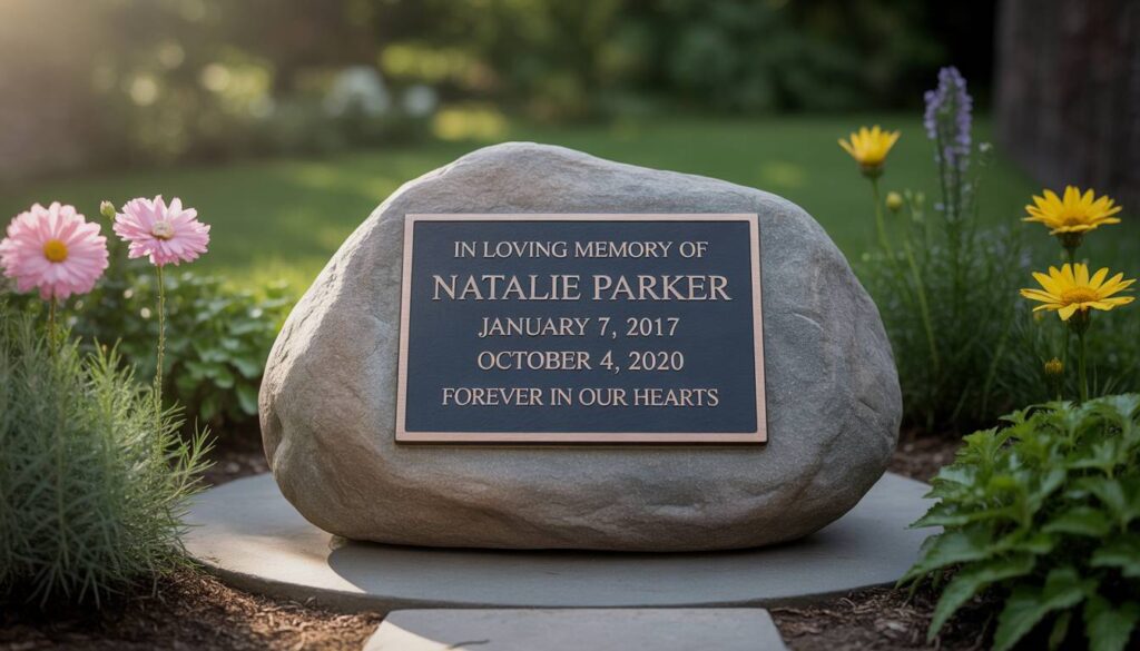Memorial rock with bronze plaque in a garden setting