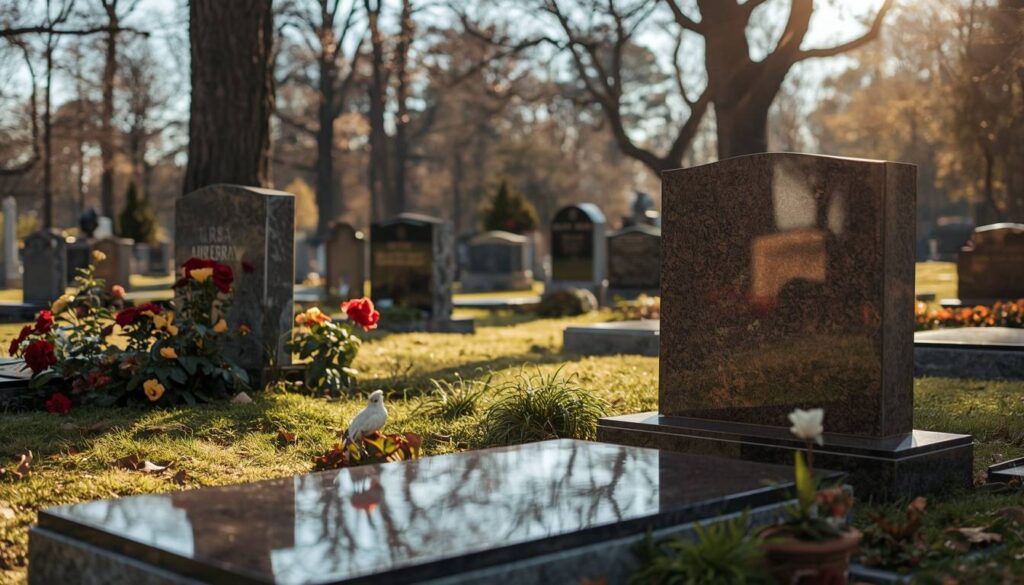 Bronze and granite headstones in a peaceful memorial garden