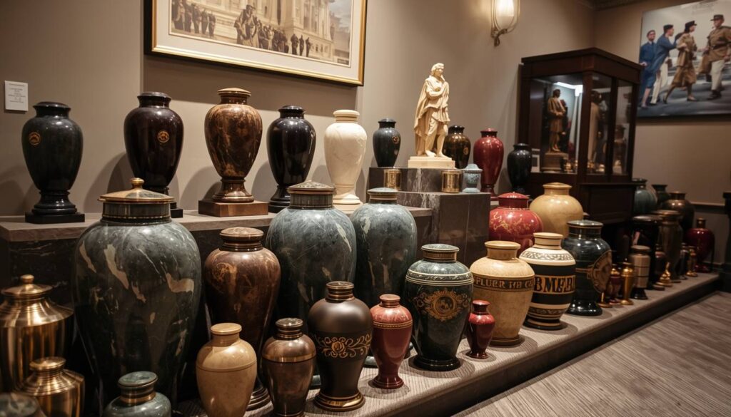 Memorial urns, statues, and flag cases displayed elegantly
