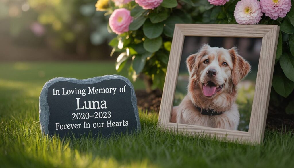 Pet memorial garden with flowers and engraved stone honoring a beloved pet