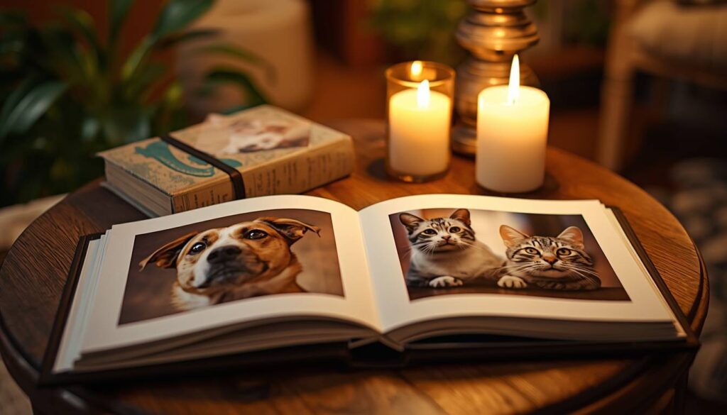 Pet memorial photo album displaying cherished memories of a dog and cat