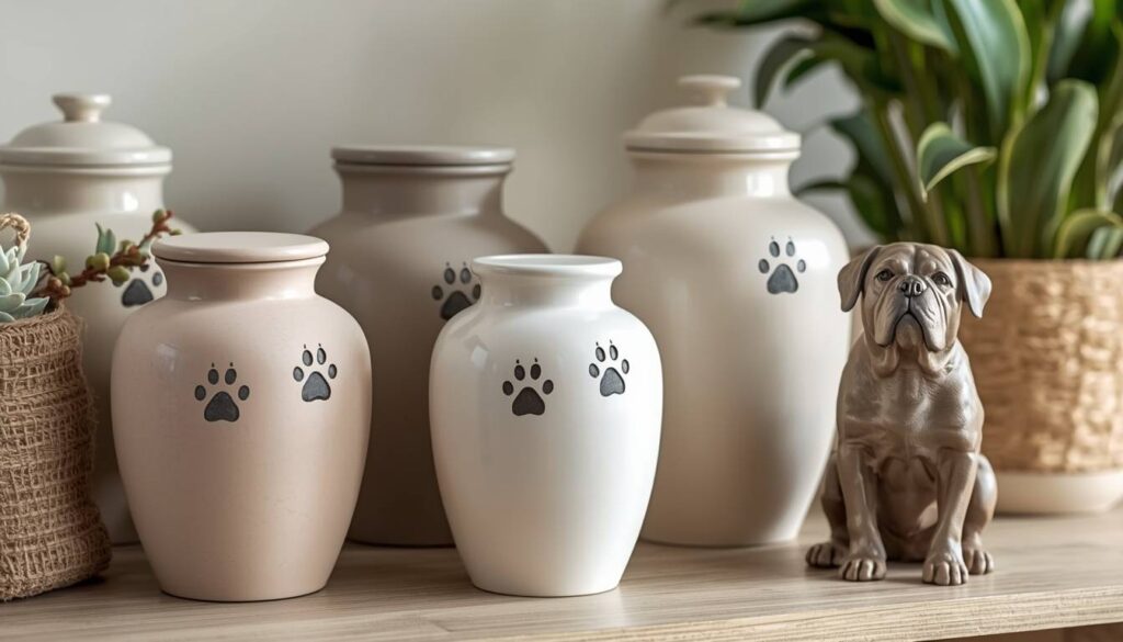 Pet memorial urns and statue honoring a cherished companion animal