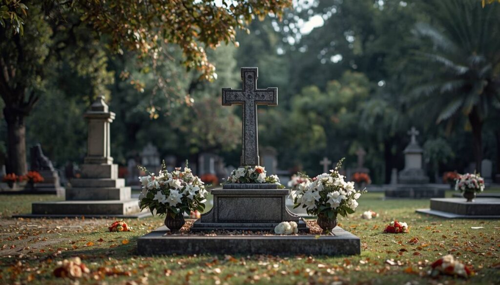 Religious memorial headstone with cross in a peaceful cemetery setting