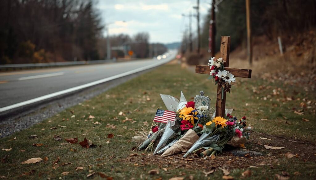 Roadside religious memorial with cross and flowers honoring a loved one