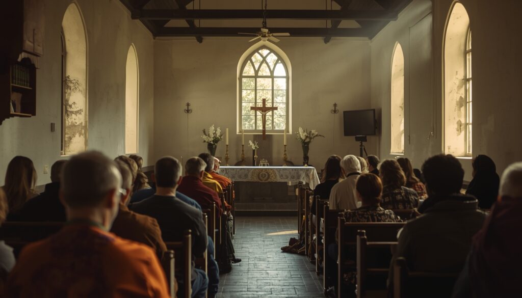People gathered quietly inside a chapel for a service