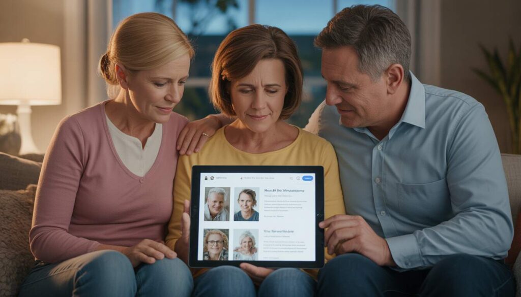 Family members viewing an online memorial tribute together on a tablet device.