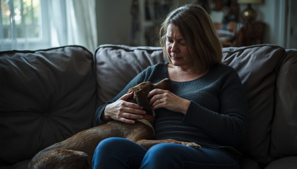 Person grieving the loss of a beloved pet at home