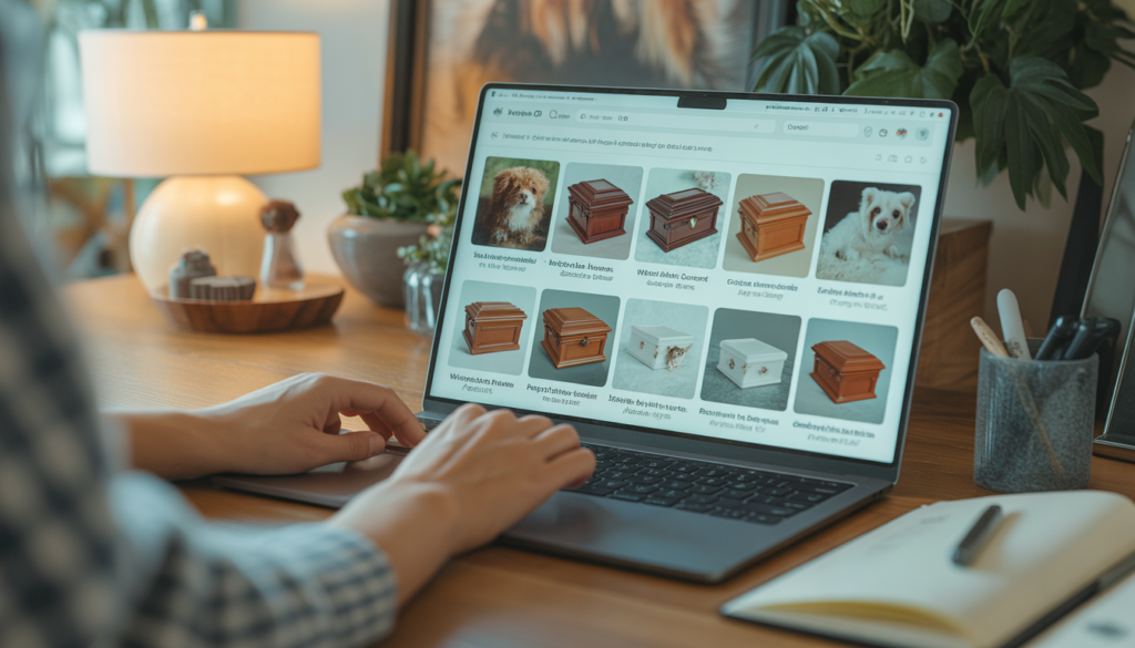 Person browsing and ordering pet memorial products online