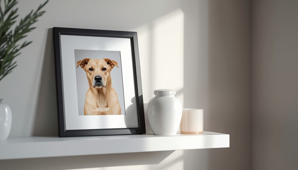 Pet memorial display with urn and photo in a home setting