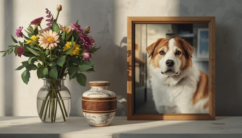 Pet memorial with urn, flowers, and photo