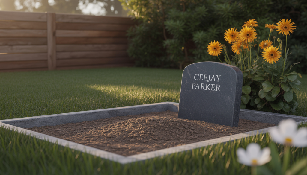 Pet grave with headstone and flowers in a garden