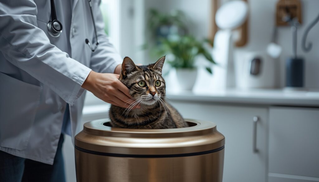 Veterinarian gently placing a cat into a cremation urn