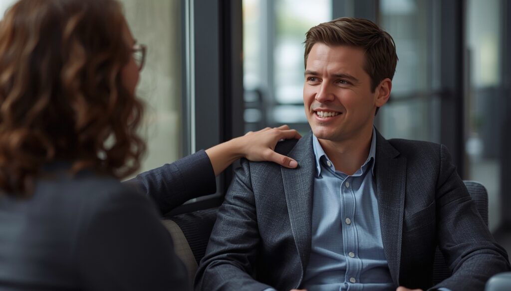 coworkers talking quietly in an office about personal loss