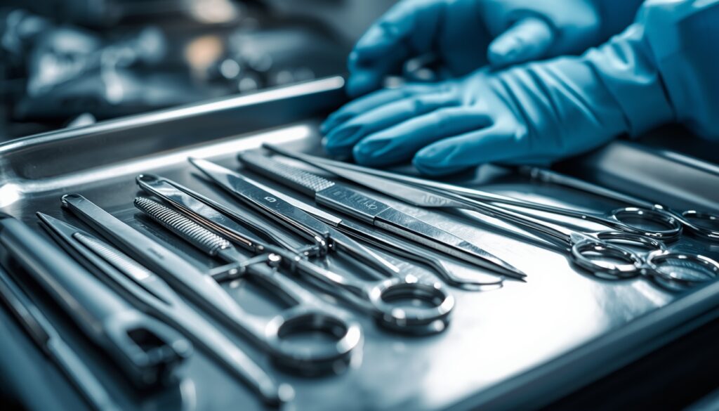Sterile forensic instruments prepared for a medical examination in an autopsy room