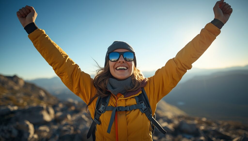 Person celebrating the completion of a bucket list goal, symbolizing life achievements.