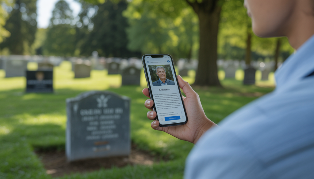 Visitor using a smartphone in a cemetery to view a digital memorial biography.