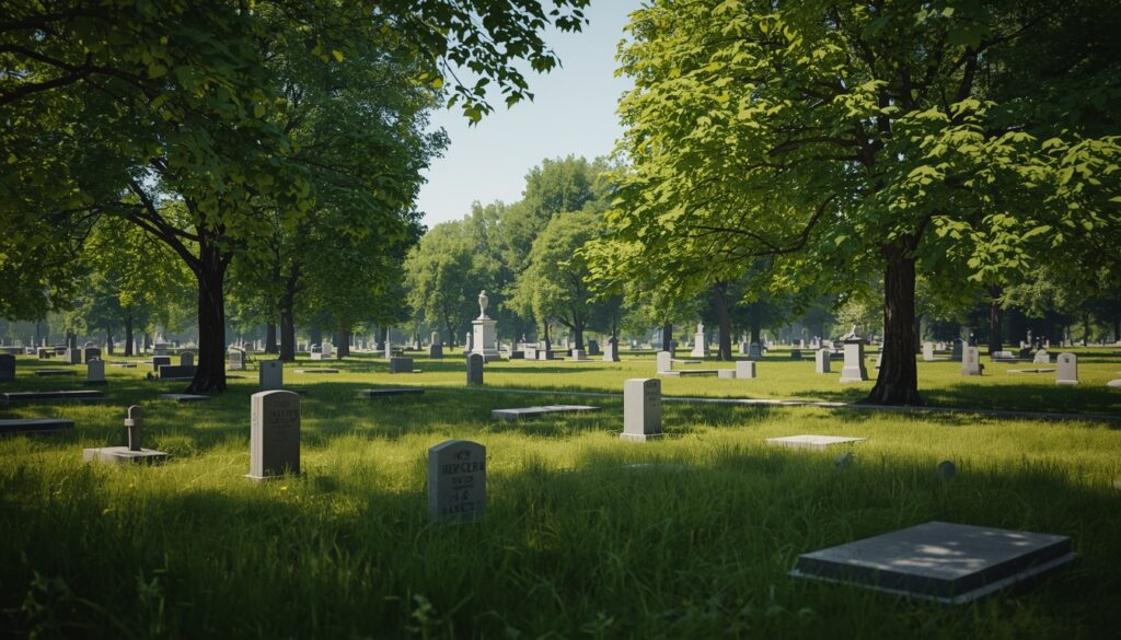 Peaceful cemetery landscape representing environmental concerns related to funeral practices