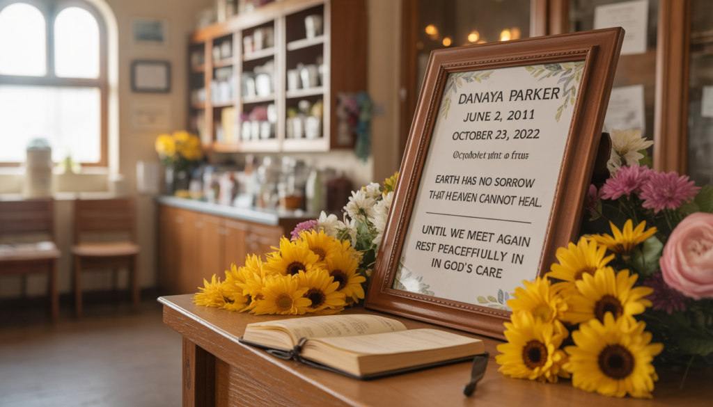 Church food pantry memorial honoring a child, with flowers and plaque.