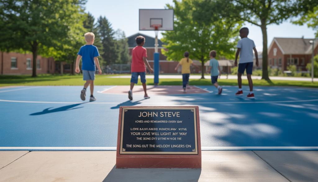 Community basketball court built in memory of a child, showing hope and remembrance.